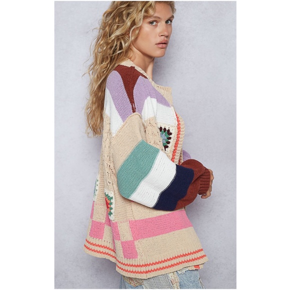 POL color block Granny Square Open Front Loose Fit Chenille Cardigan - Picture 3 of 6